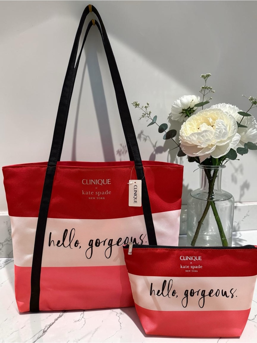 Clinique x Kate Spade Hello Gorgeous Tote & Cosmetic Bag Set NWT